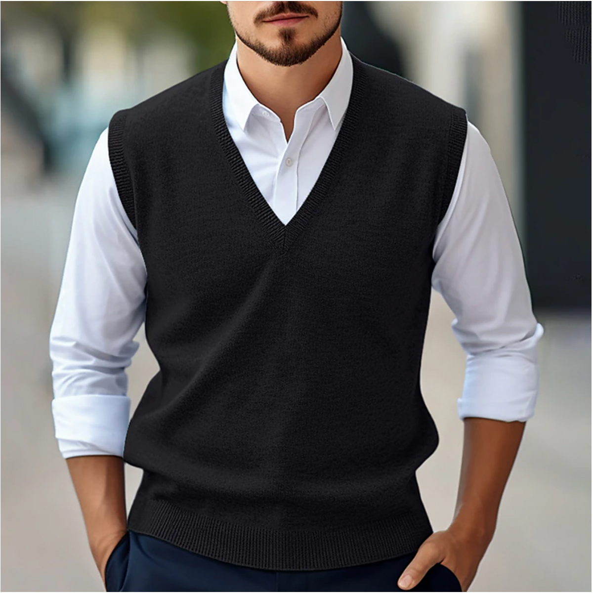 Pull Hombre Sin Mangas – Punto Fino – Cuello en V Acanalado