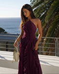 Rachel Vestido largo halter plisado con volantes