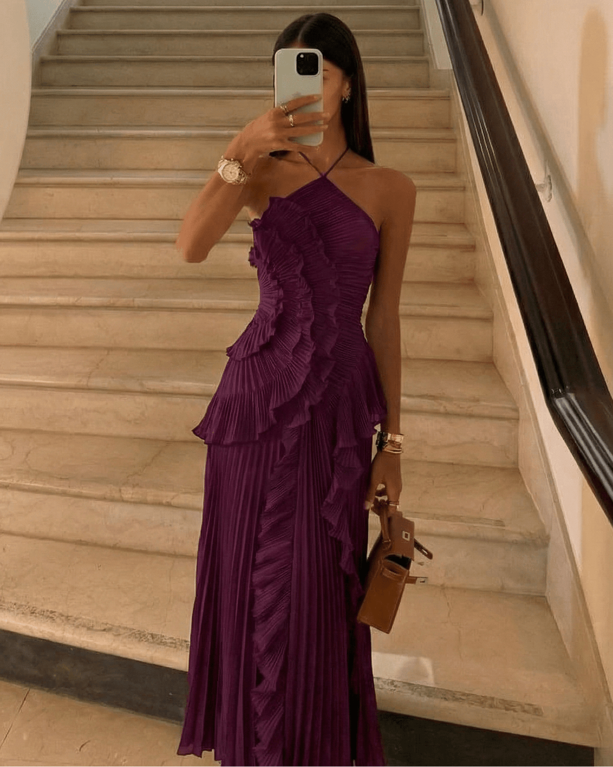 Rachel Vestido largo halter plisado con volantes