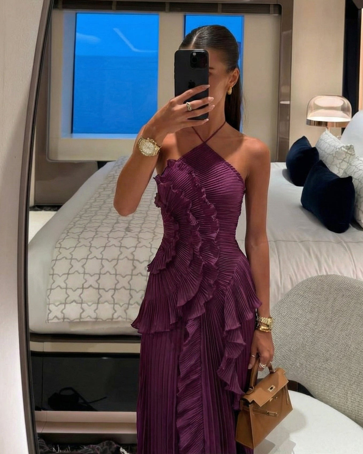 Rachel Vestido largo halter plisado con volantes