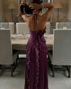 Rachel Vestido largo halter plisado con volantes