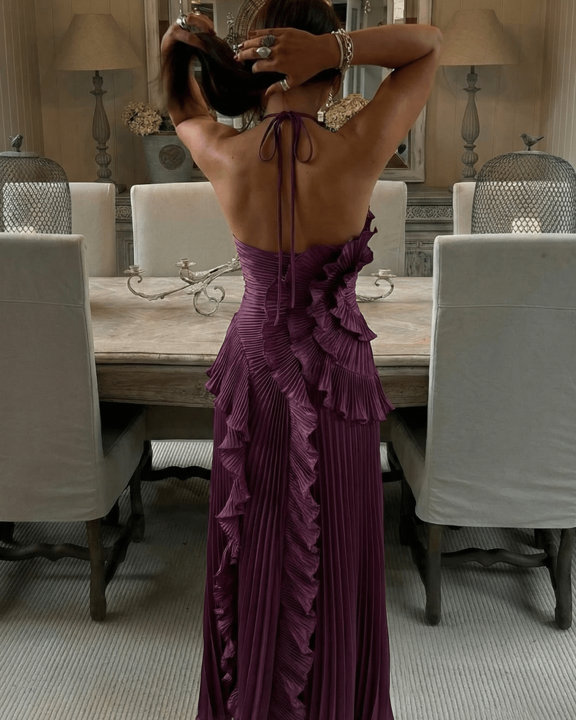 Rachel Vestido largo halter plisado con volantes