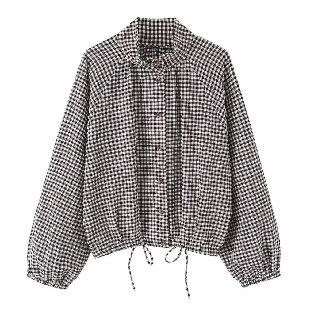 Chaqueta Olivia de cuadros con cordón y cuello alto