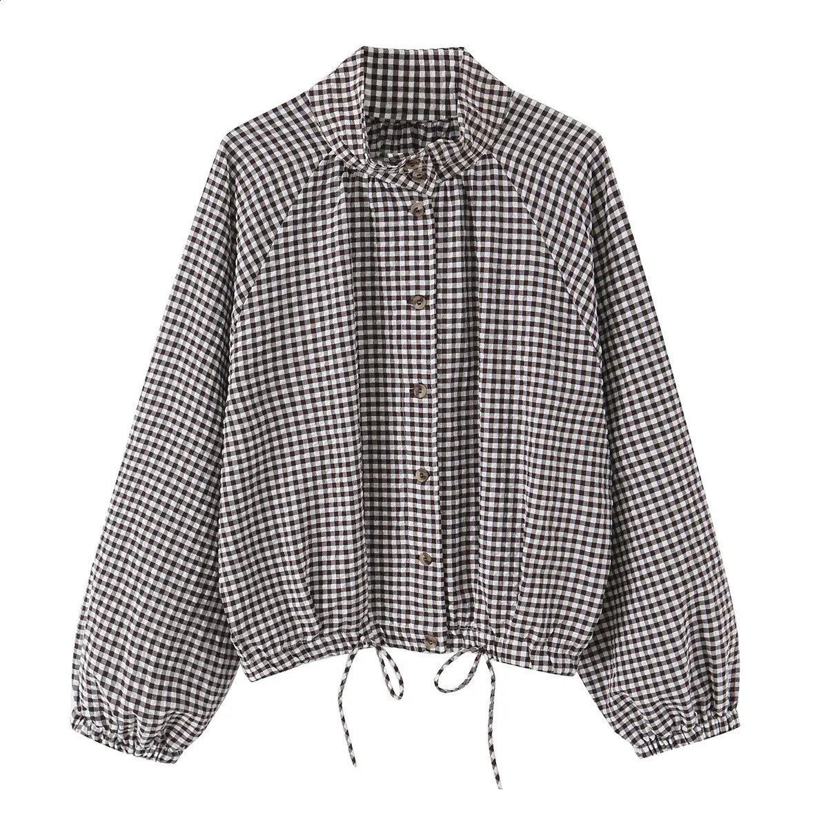 Chaqueta Olivia de cuadros con cordón y cuello alto