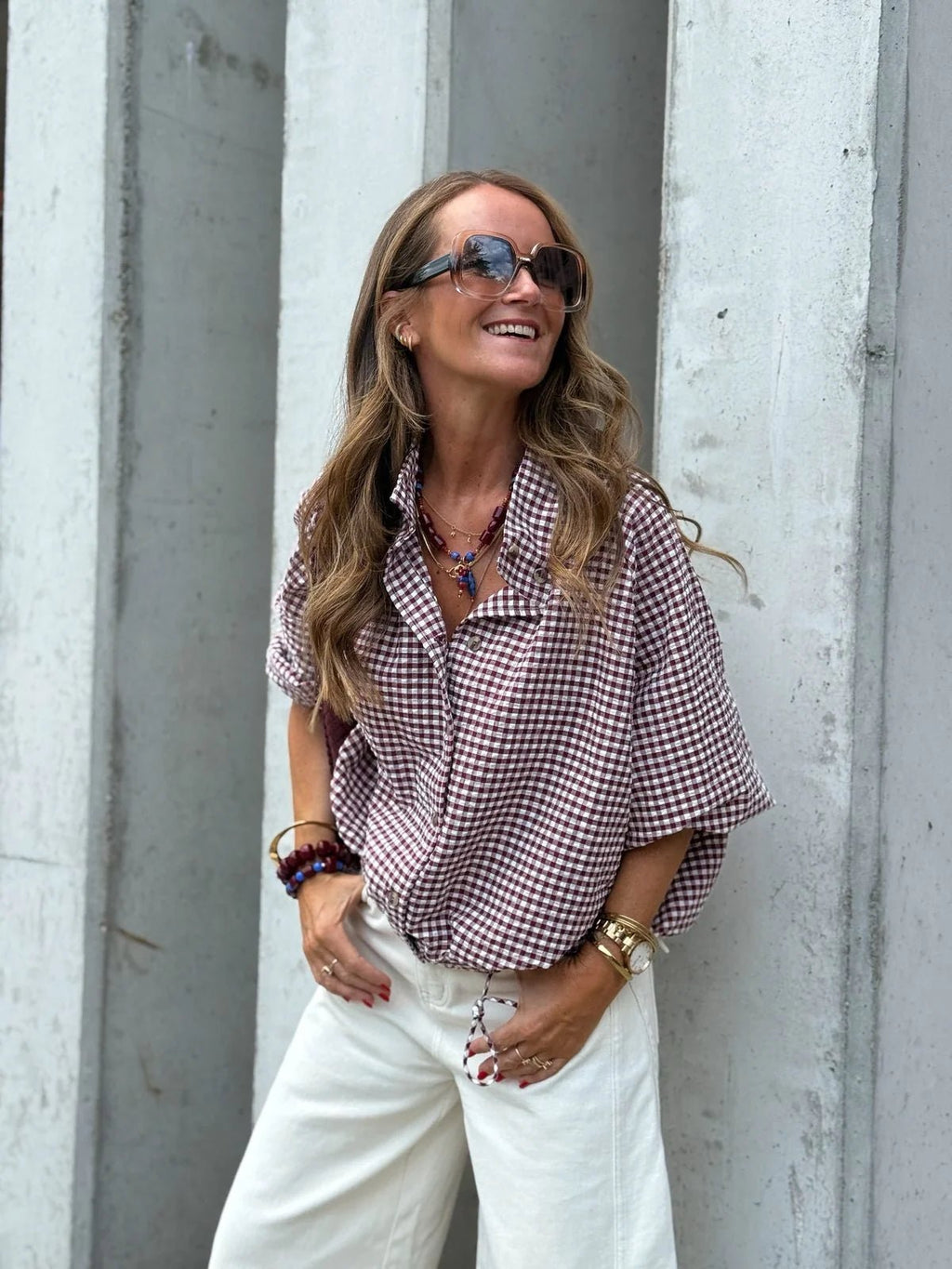 Chaqueta Olivia de cuadros con cordón y cuello alto