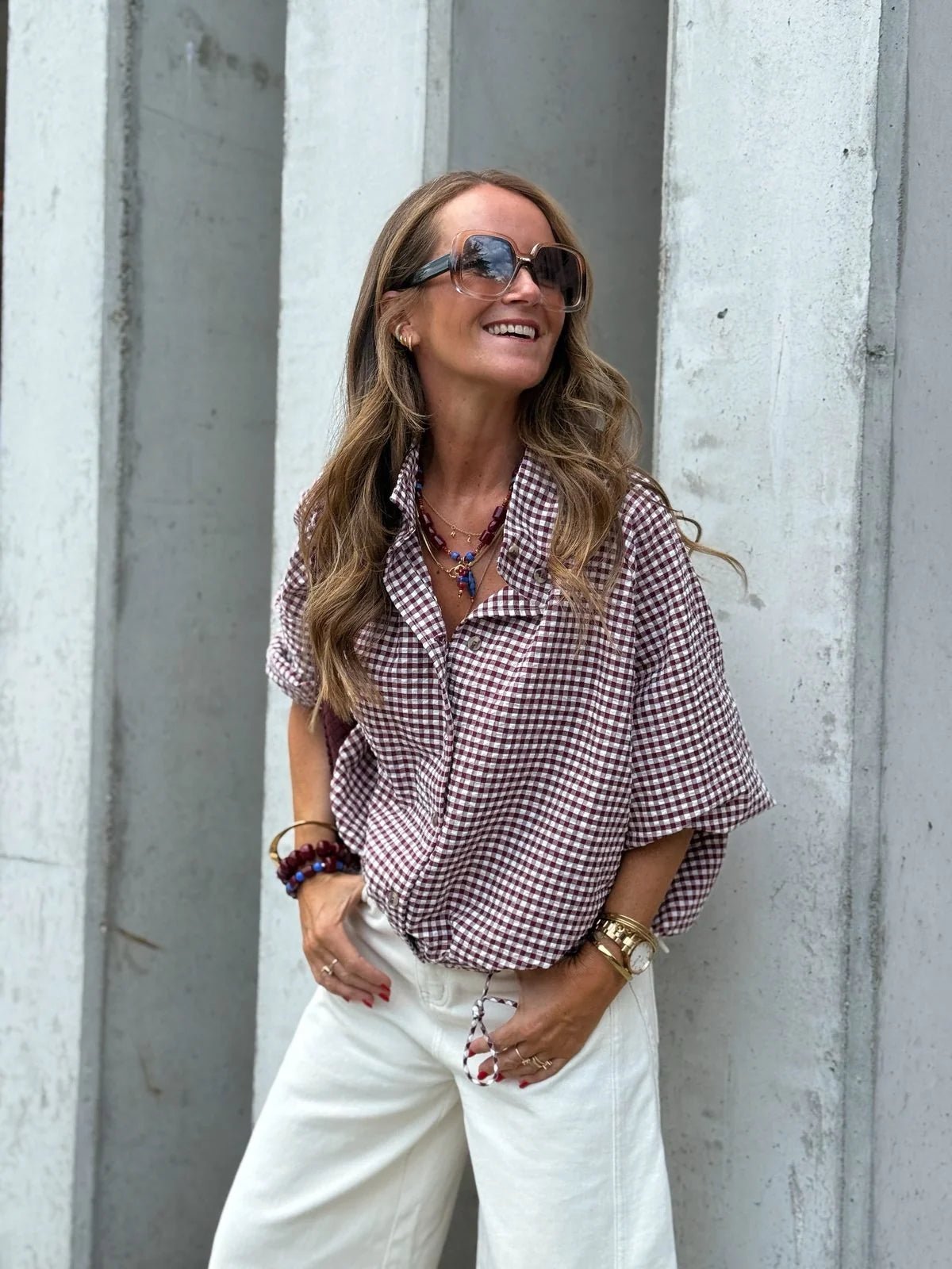 Chaqueta Olivia de cuadros con cordón y cuello alto