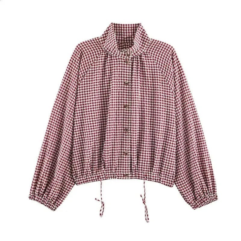Chaqueta Olivia de cuadros con cordón y cuello alto