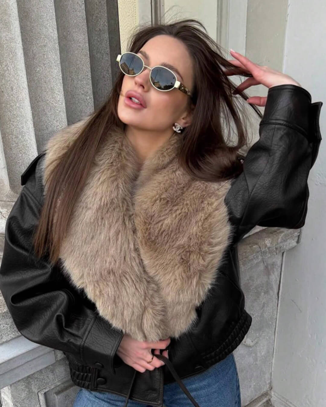 Chaqueta de piel sintética Francesca con cuello de pelo desmontable
