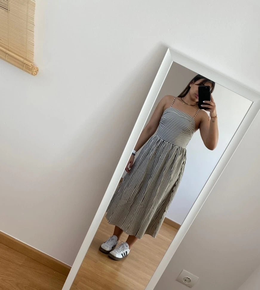 Airlin Vestido Maxi de Tirantes a Rayas con Fruncido