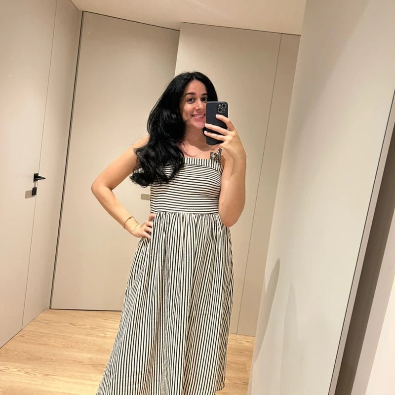 Airlin Vestido Maxi de Tirantes a Rayas con Fruncido
