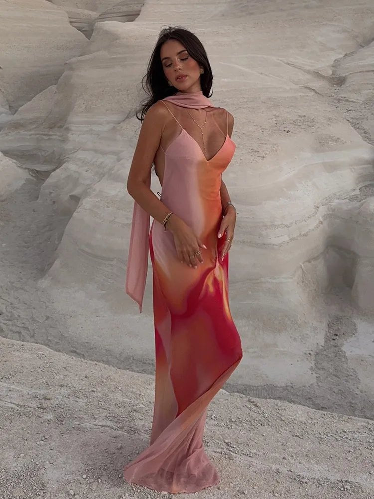 Emma vestido maxi satinado degradado con espalda abierta