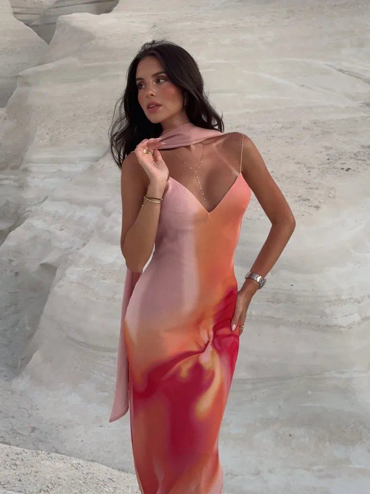 Emma vestido maxi satinado degradado con espalda abierta