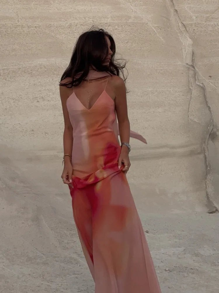 Emma vestido maxi satinado degradado con espalda abierta