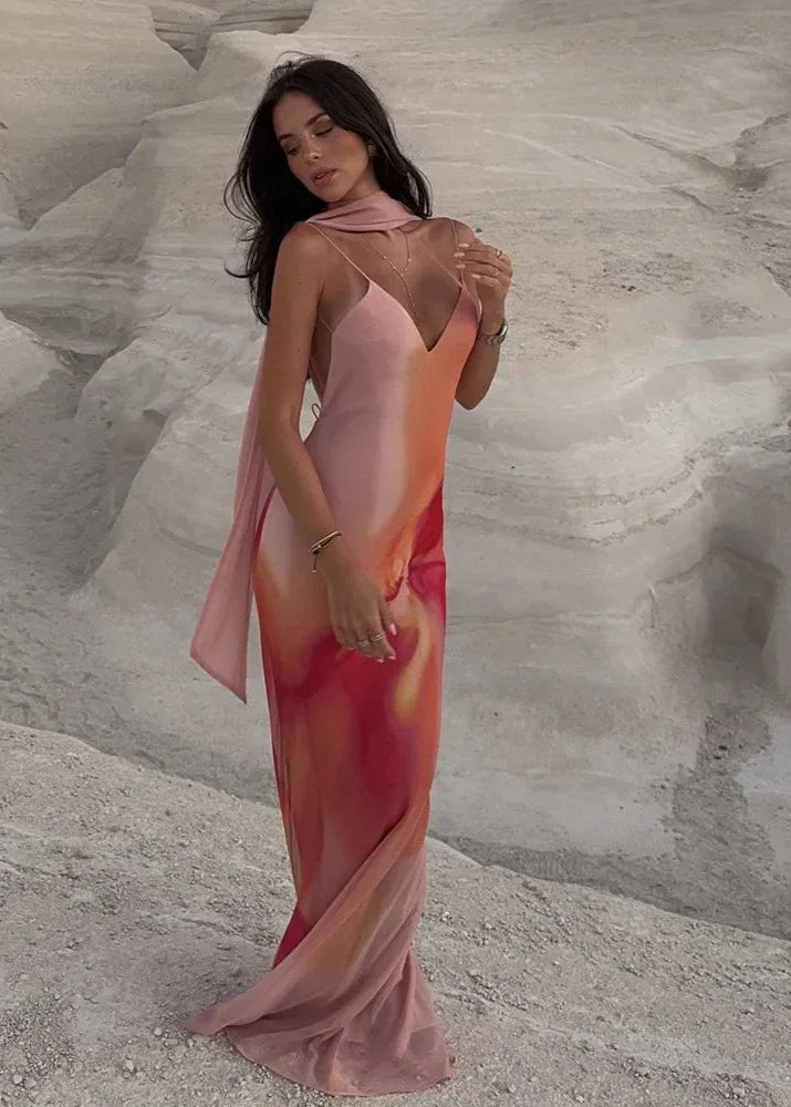 Emma vestido maxi satinado degradado con espalda abierta