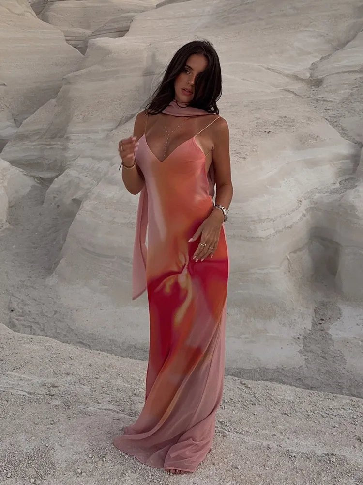 Emma vestido maxi satinado degradado con espalda abierta