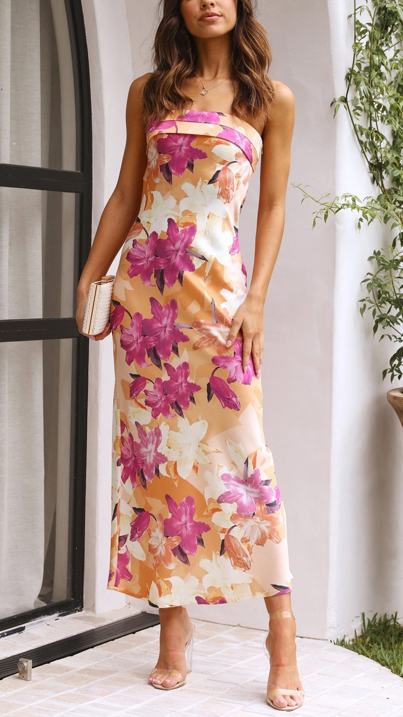 Vestido largo strapless floral Laura