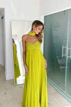 Helena halter vestido maxi fruncido con pañuelo