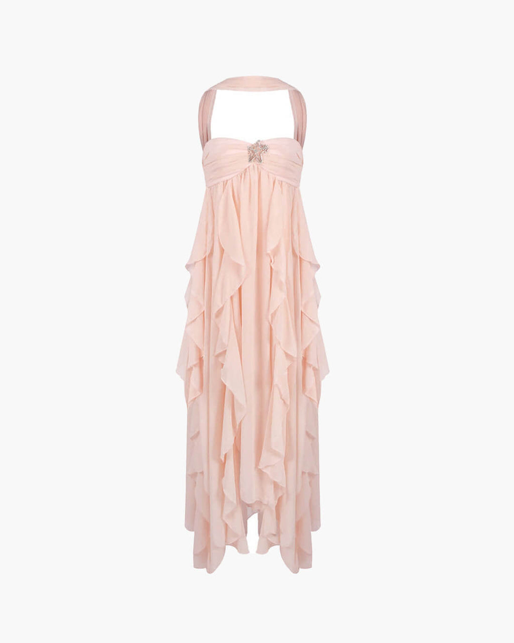 Harper vestido largo strapless con volantes