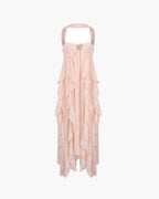 Harper vestido largo strapless con volantes