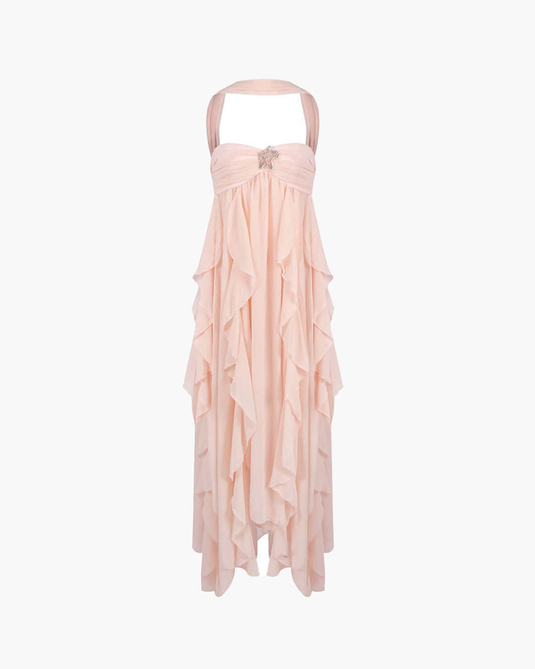 Harper vestido largo strapless con volantes