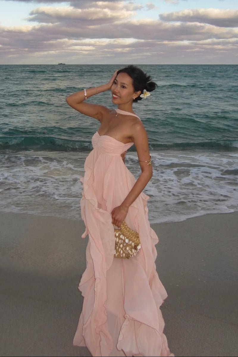 Harper vestido largo strapless con volantes