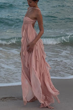Harper vestido largo strapless con volantes