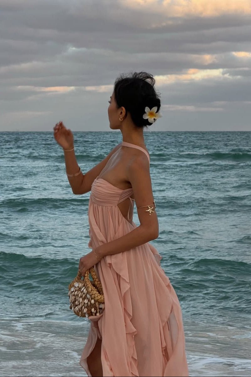 Harper vestido largo strapless con volantes