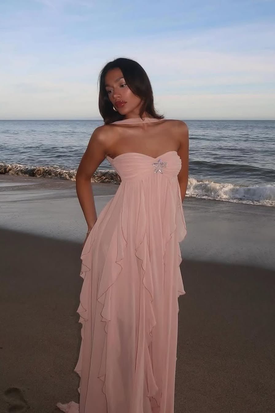 Harper vestido largo strapless con volantes