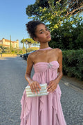 Harper vestido largo strapless con volantes
