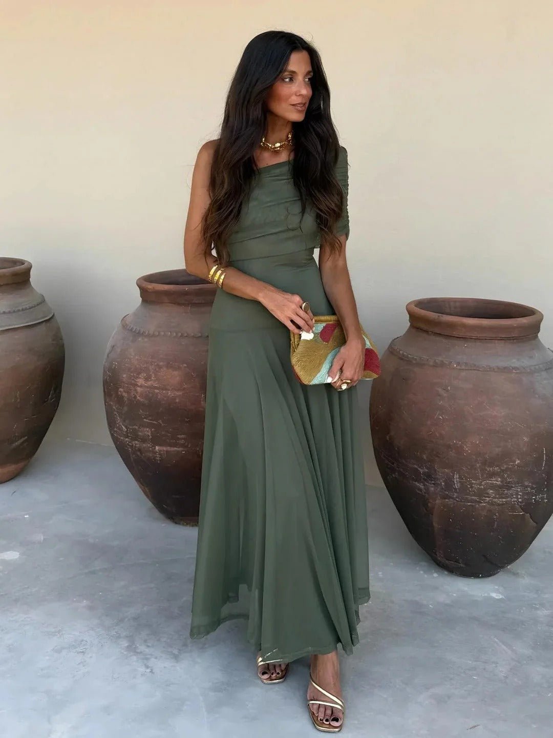 Vestido maxi Sienna sin hombros con fruncido