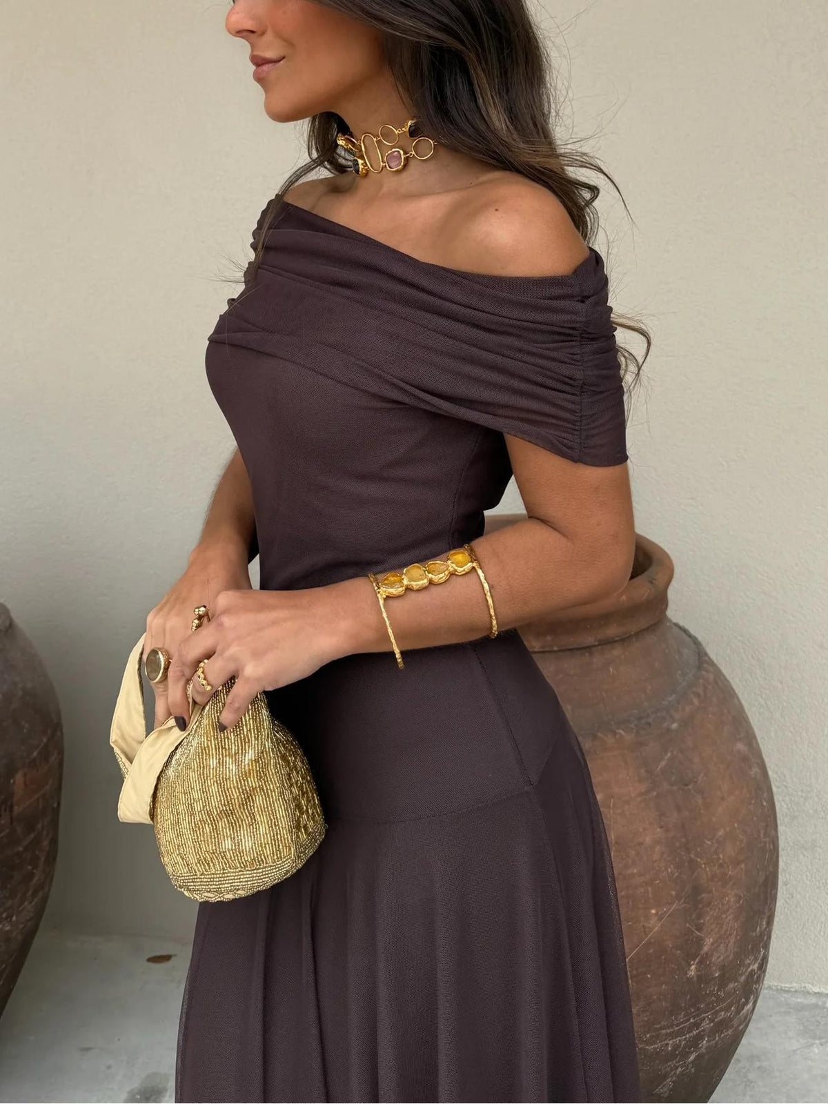 Anya vestido maxi drapeado