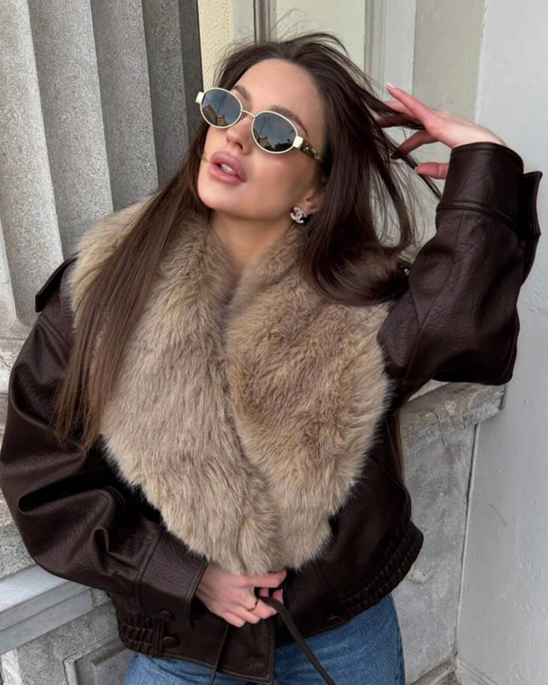 Chaqueta de piel sintética Francesca con cuello de pelo desmontable