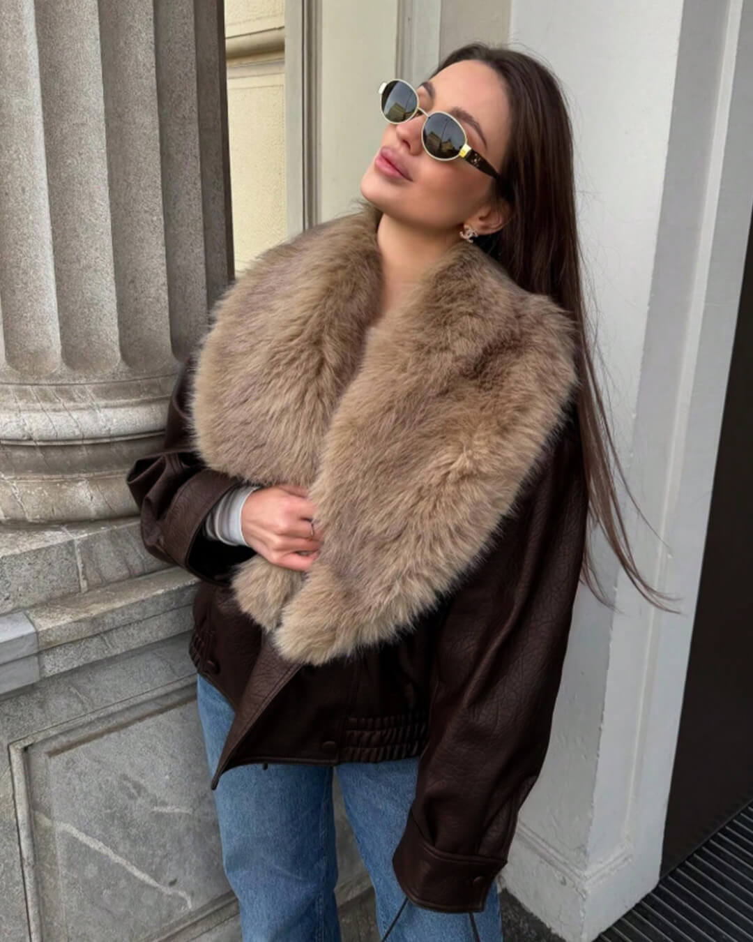 Chaqueta de piel sintética Francesca con cuello de pelo desmontable