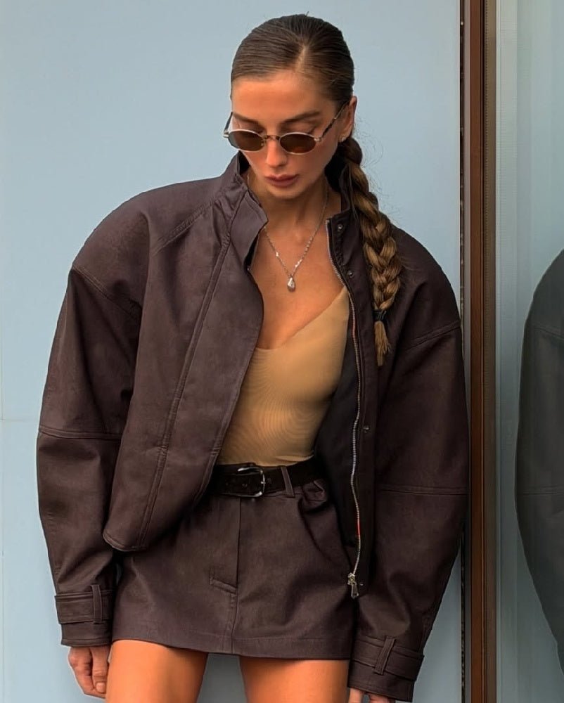 Chaqueta Linda de Ante Sintético con Cremallera