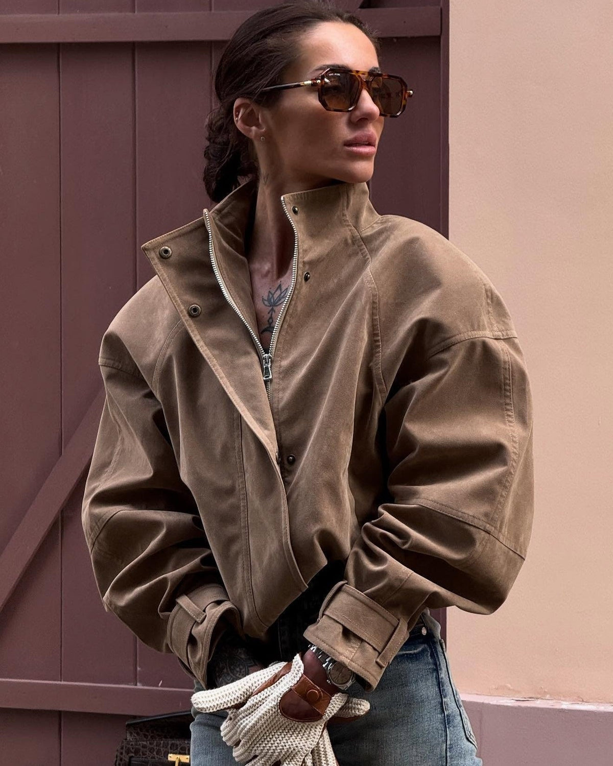 Chaqueta Linda de Ante Sintético con Cremallera
