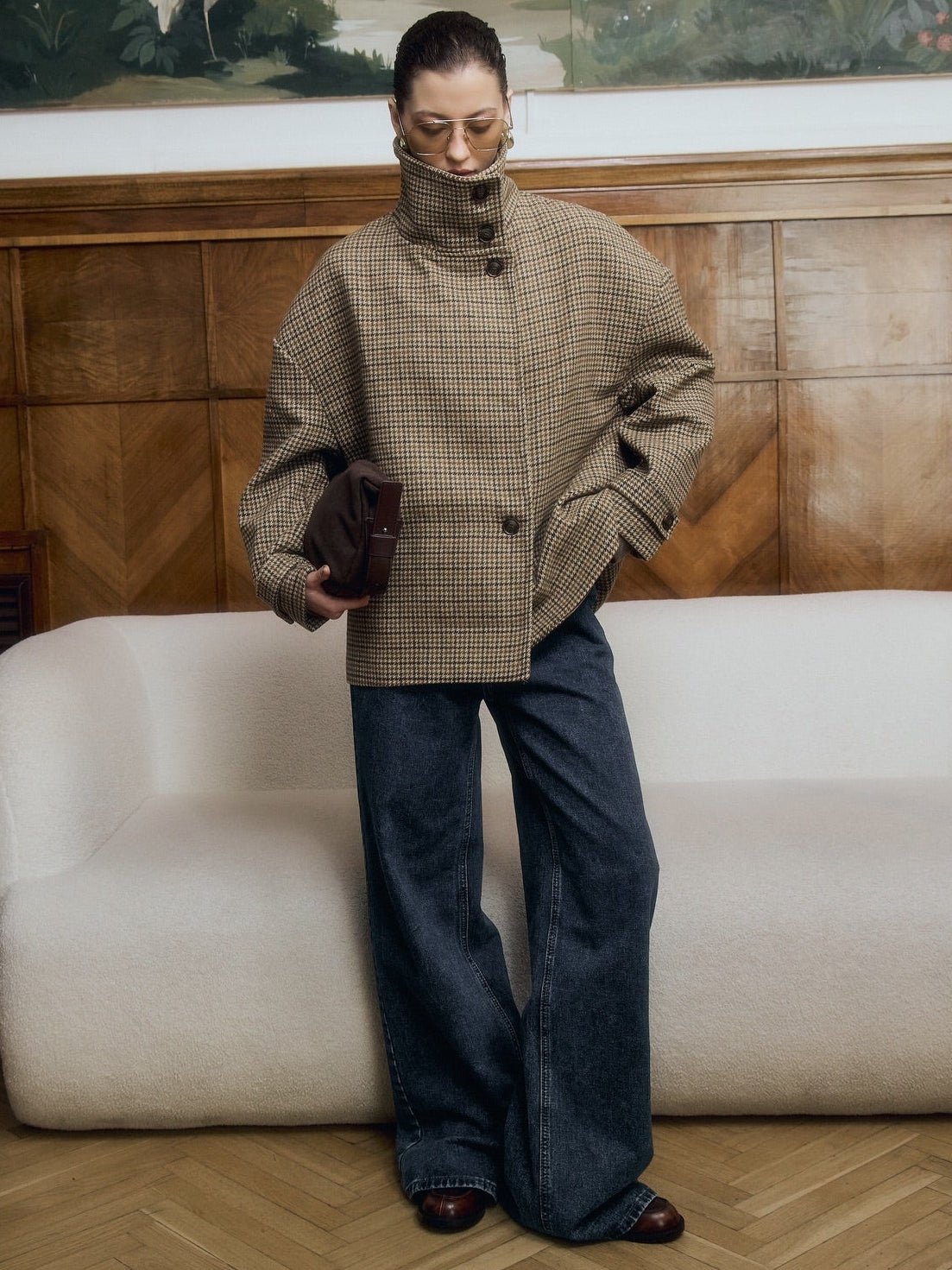 Chaqueta corta Ava con cuello embudo y pata de gallo