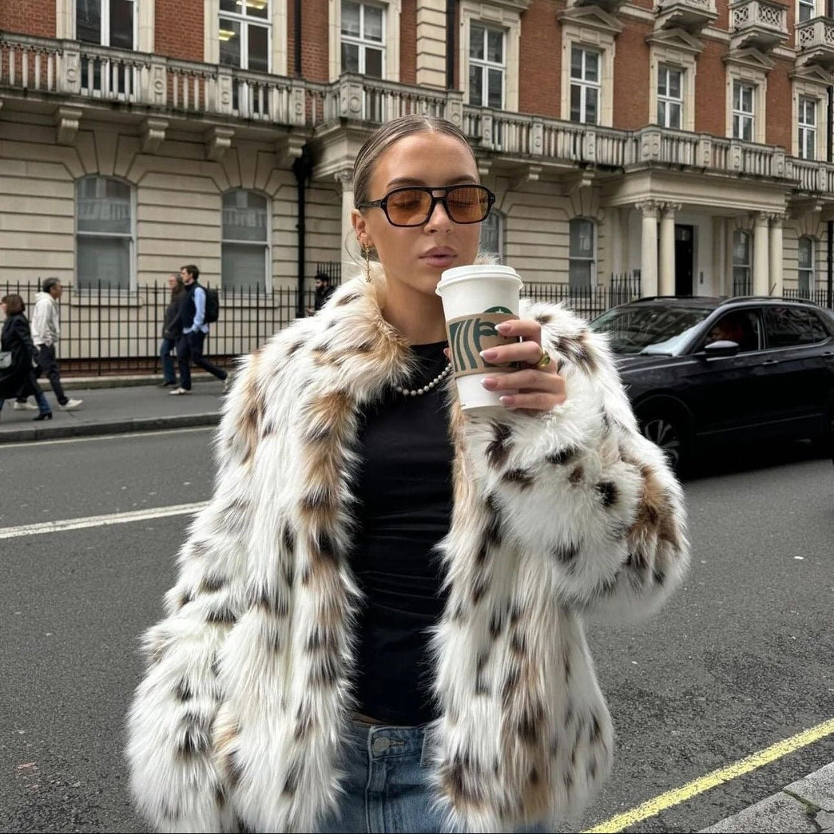 Celeste Abrigo de Piel Sintética Leopardo