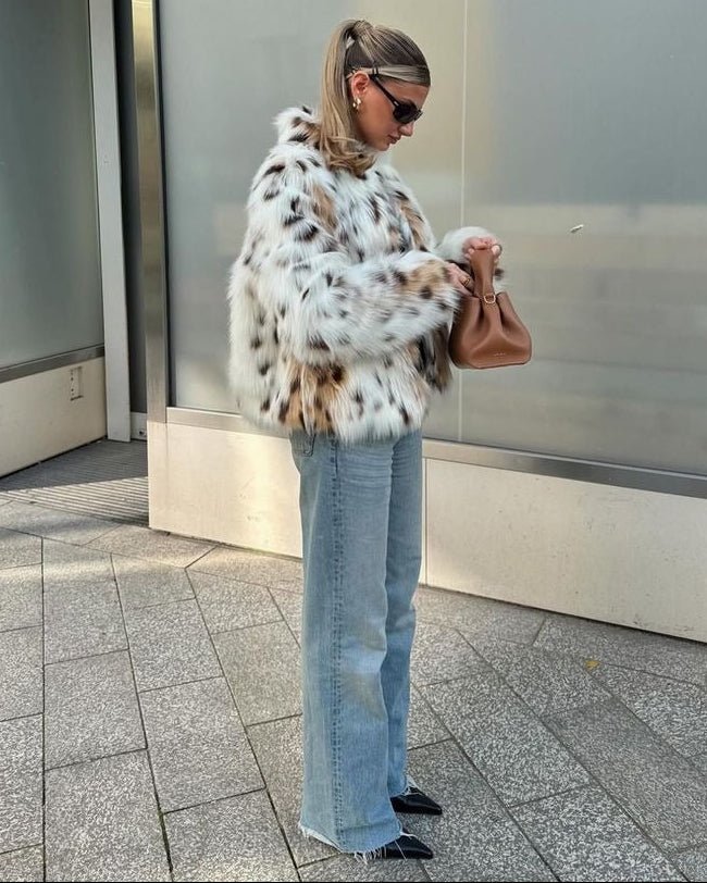 Celeste Abrigo de Piel Sintética Leopardo
