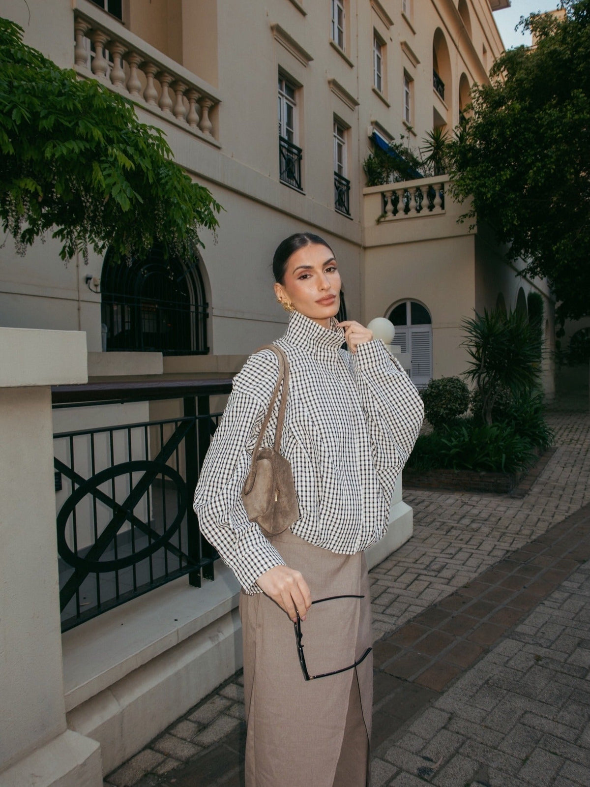 Chaqueta Margot de cuadros con cuello funnel
