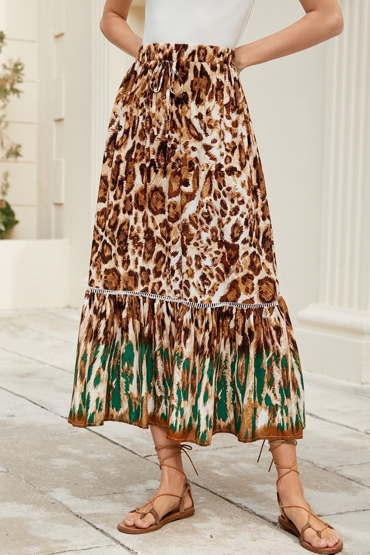 Falda maxi Valerie boho celeste con volantes y flores