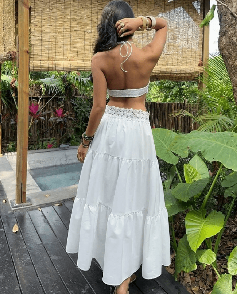 Helena Conjunto de falda en capas con cuello halter de encaje