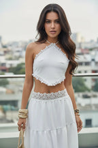 Helena Conjunto de falda en capas con cuello halter de encaje