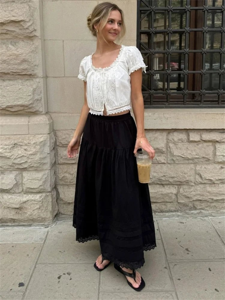 Falda maxi de encaje de talle alto Celeste