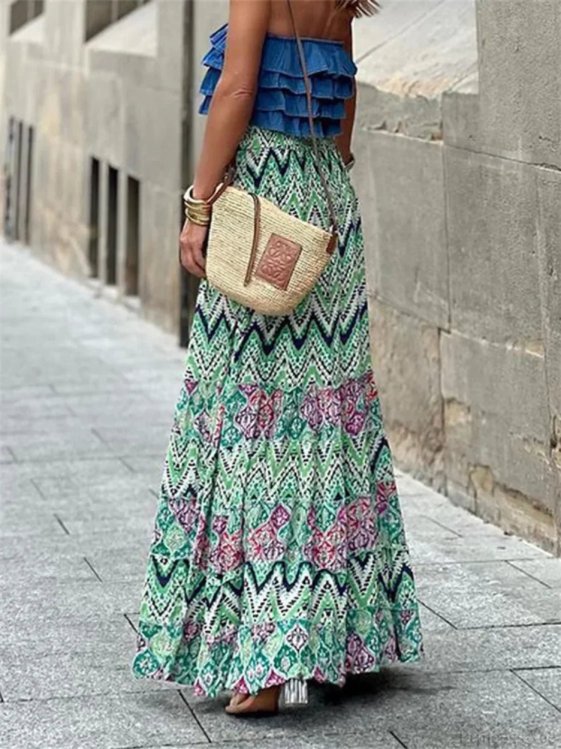 Celeste Flowy Boho Falda Estampada con Volantes