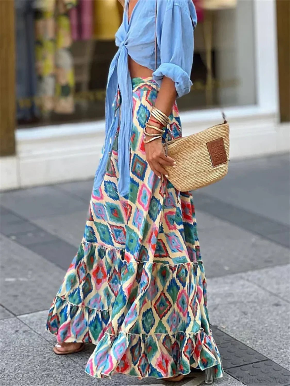Celeste Flowy Boho Falda Estampada con Volantes