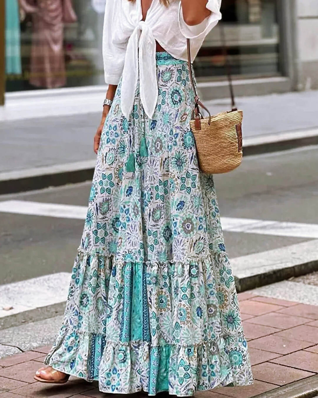 Celeste Flowy Boho Falda Estampada con Volantes