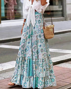 Celeste Flowy Boho Falda Estampada con Volantes