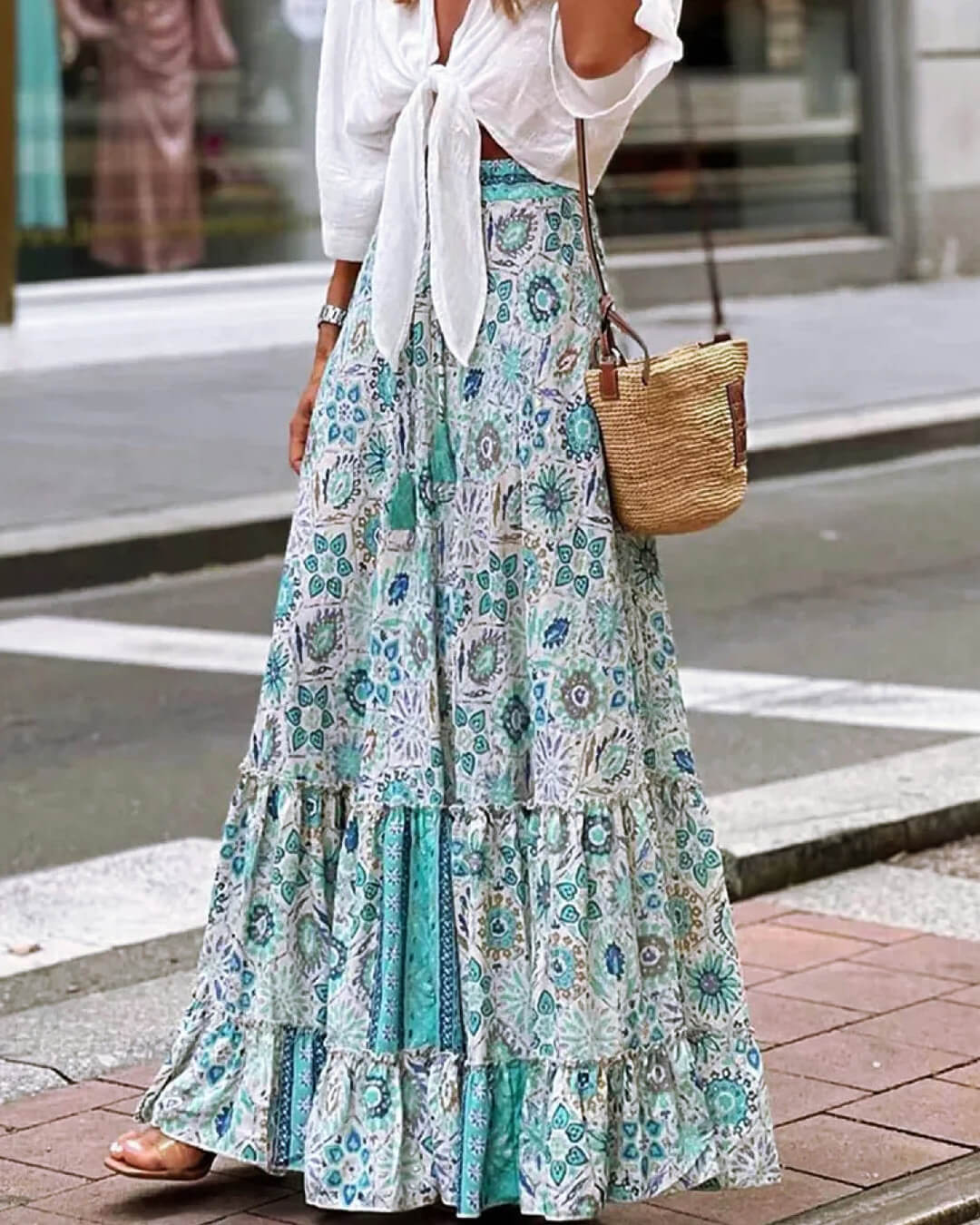 Celeste Flowy Boho Falda Estampada con Volantes