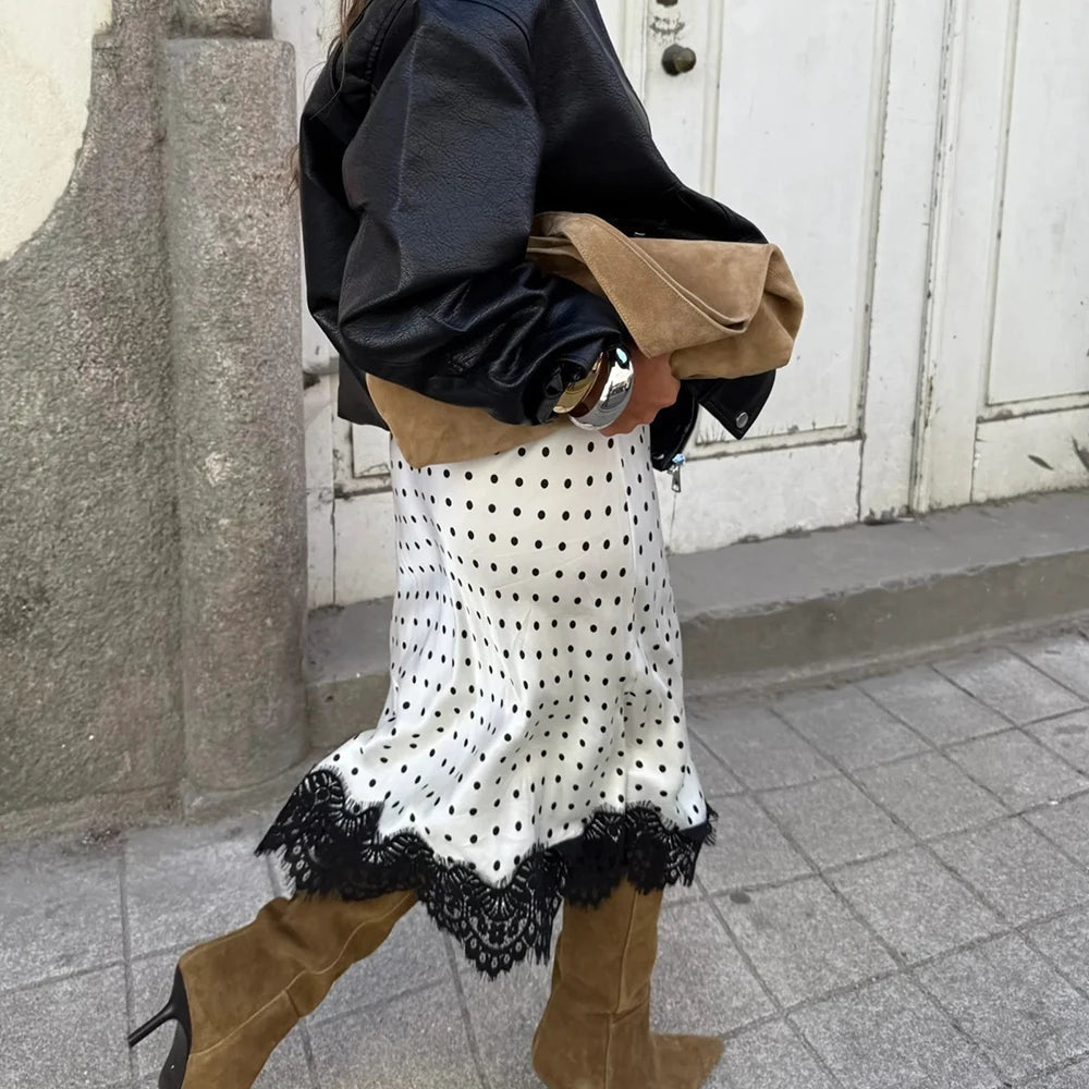 Falda midi Hadley de lunares con encaje