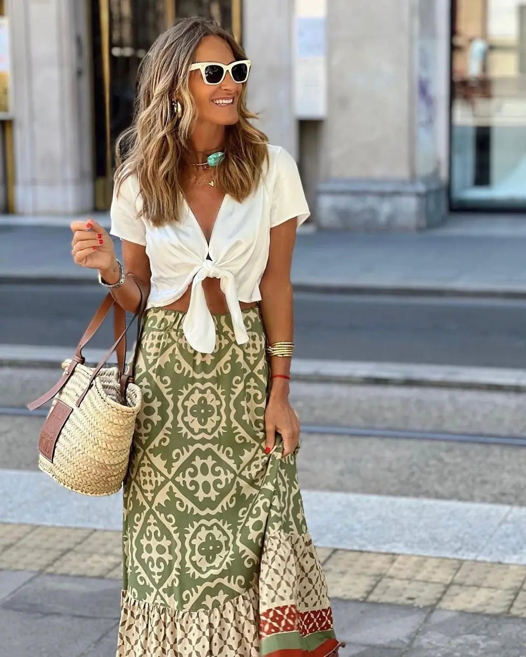 Rhea Boho falda midi con estampado y vuelo
